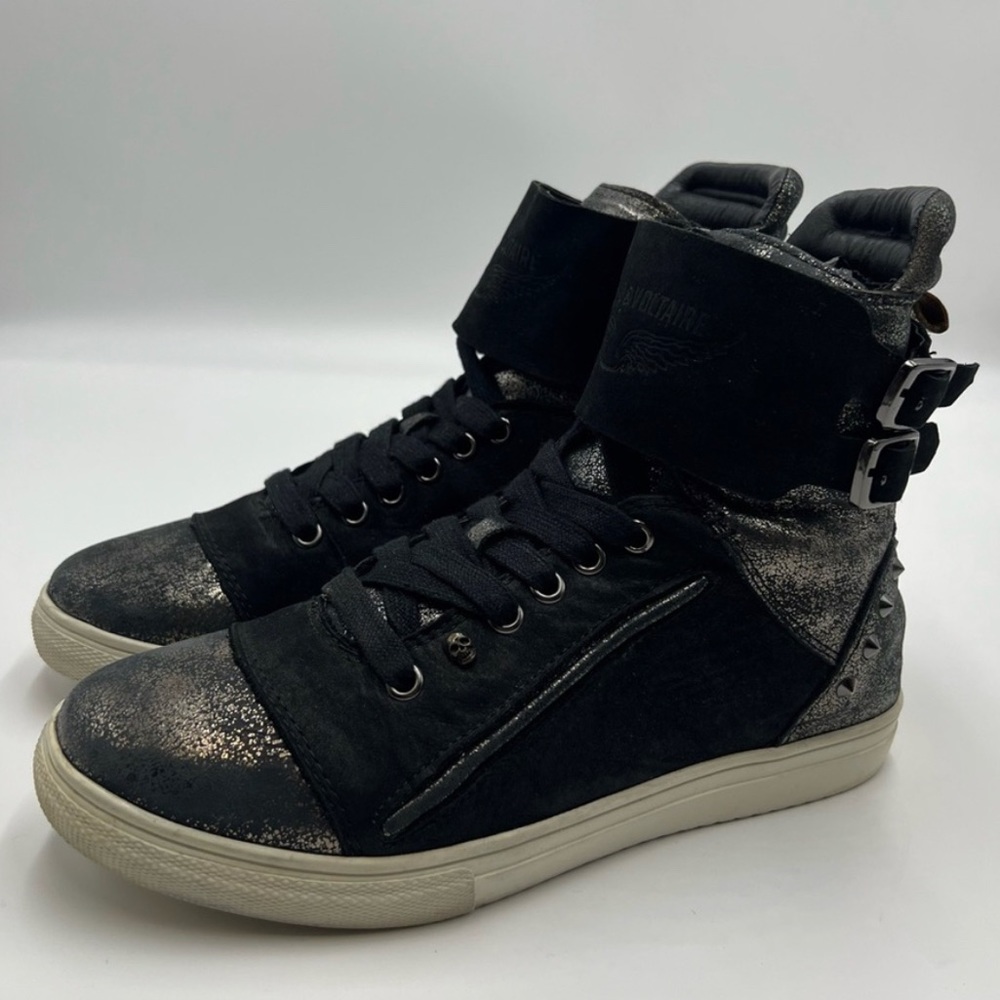 Zadig & Voltaire Black Gold Lace Up High Flash Sneakers Size 38